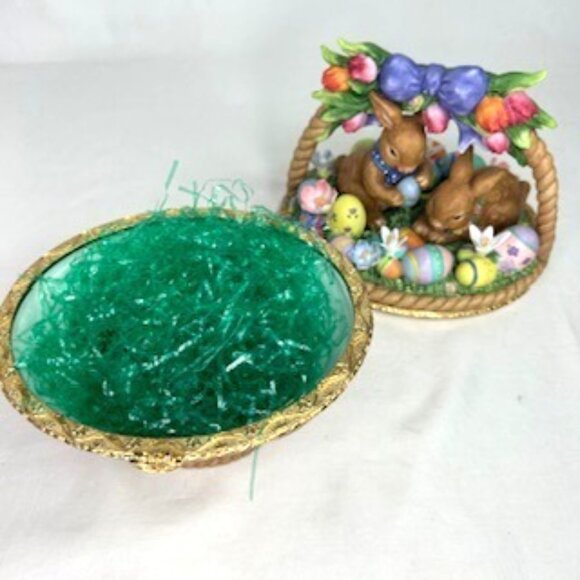 Porcelain Easter Basket Figurine With Rabbits  Eggs‎ Spring Decor 8\